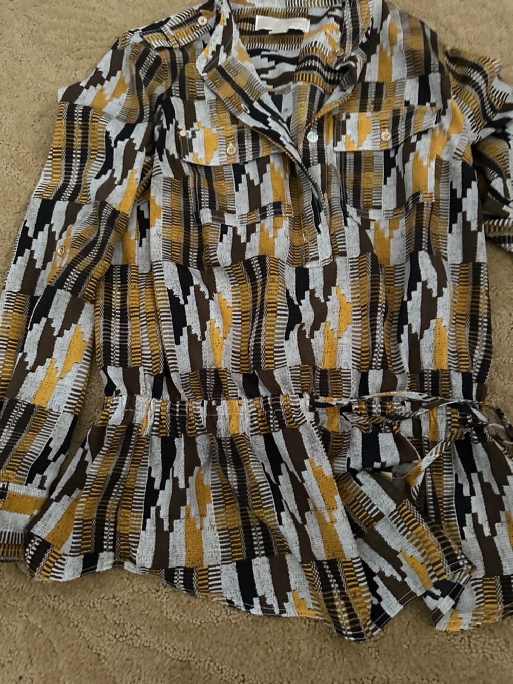 Michael Kors Mustard, Black & White Abstract Print Peplum Blouse